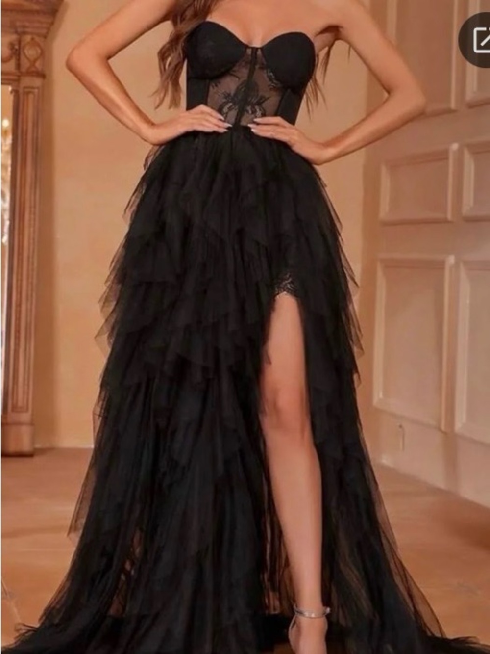 Black Ruffled Tulle Strapless Evening Gown with Slit 1X - Picture 5 of 5